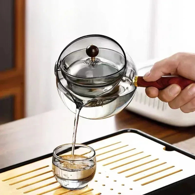 Rotary Heat-resistant Glass Teapot Lazy Tea Maker With Infuser And Wooden Handle