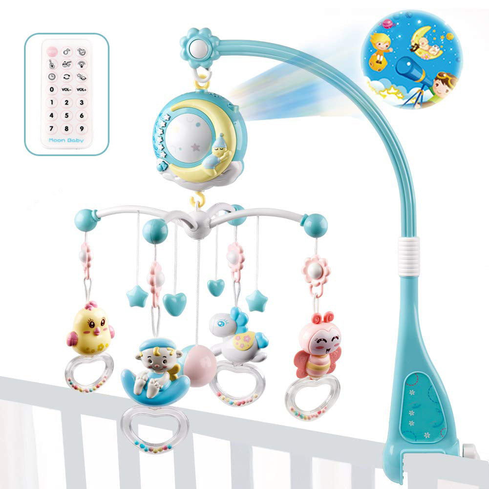 Infant crib mobile with rotating musical box, projection and toy holder for baby boys