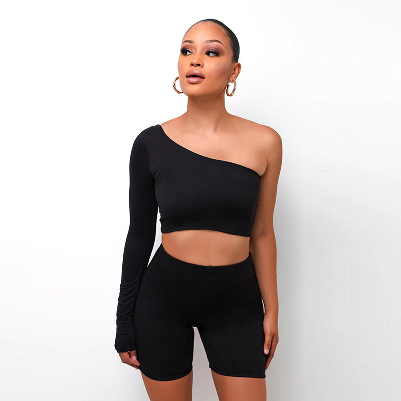 Kliou Solid Asymmetrical Two-Piece Set for Women Featuring a Crop Top and Elastic Bike Shorts Sporty Matching Suit for a Casual Female Outfit