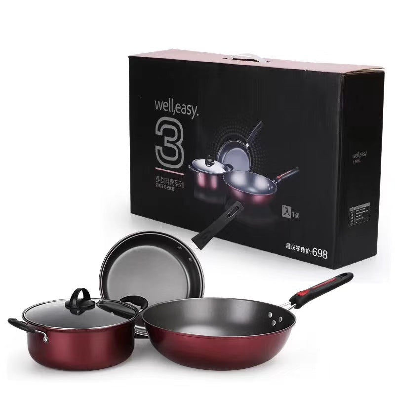 Cookware Set Hao Li Three-Piece Cookware Non-Stick Pan Wok Soup Pot Frying Pan Gift Set