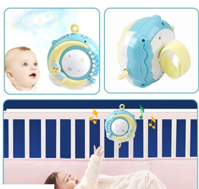 Infant crib mobile with rotating musical box, projection and toy holder for baby boys