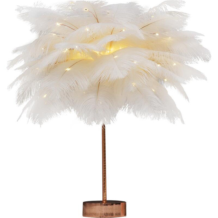 Nordic Ostrich Feather Desk Lamp - European Style Bedside Table Night Light Perfect for Girls' Room Decor