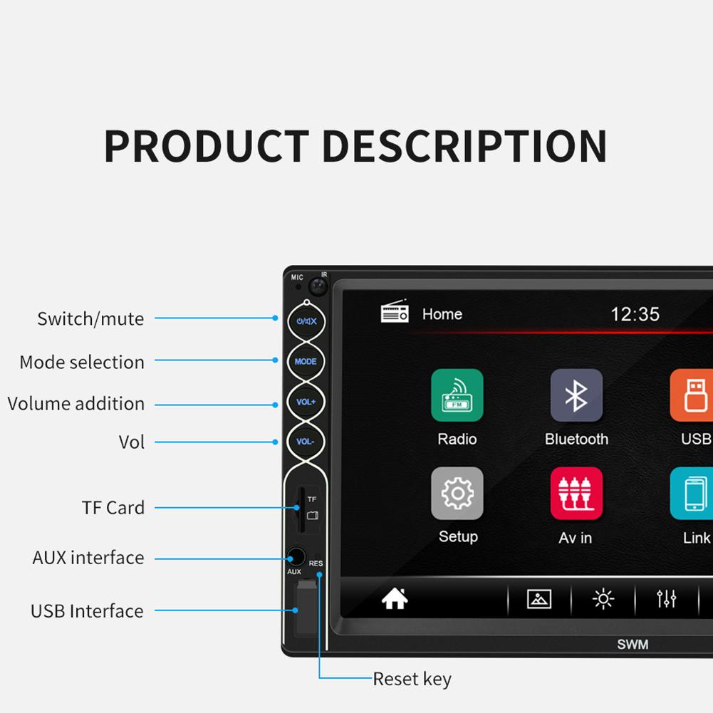 7-inch double DIN vehicle MP5 player with Android / iPhone support and USB connectivity