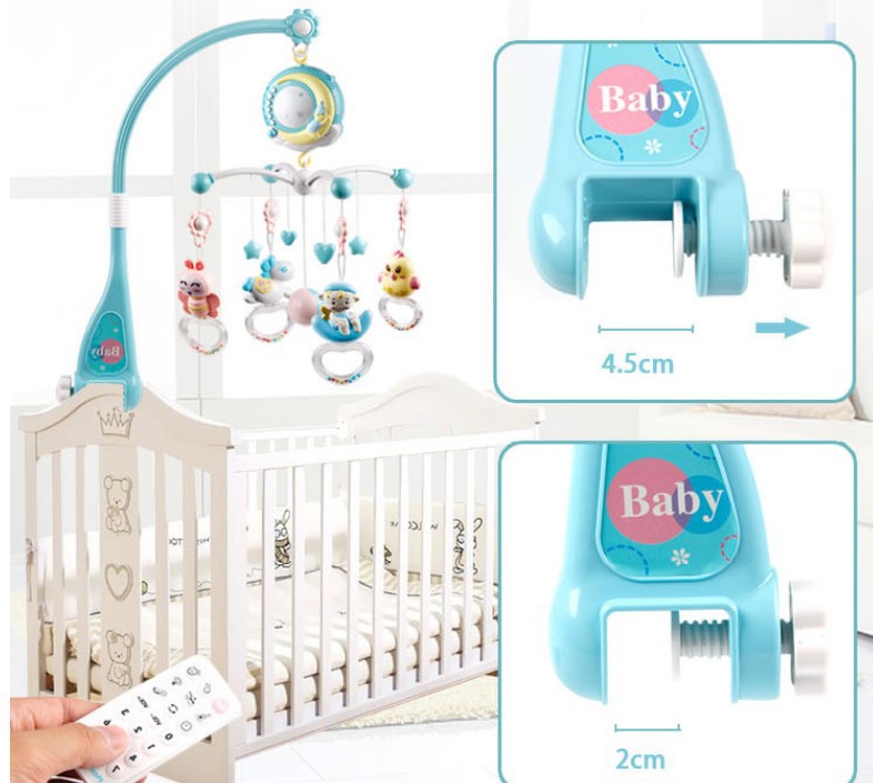 Infant crib mobile with rotating musical box, projection and toy holder for baby boys