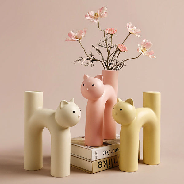 Cute Tube Cat Vase Living Room Home Desktop Decoration Ceramic - Beige - Pink - Yellow