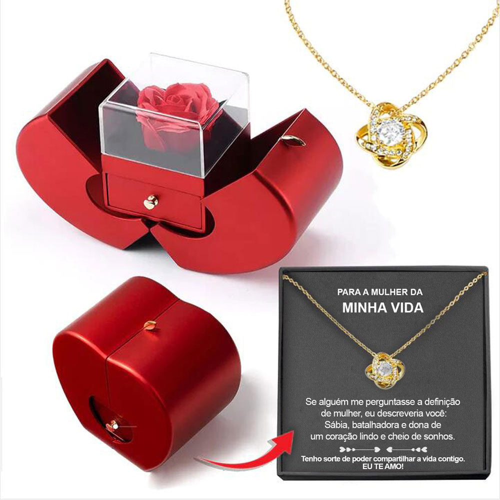 Red Apple Necklace - Perfect for Mother's Day and Valentine's Day, with artificial rose in jewelry box.