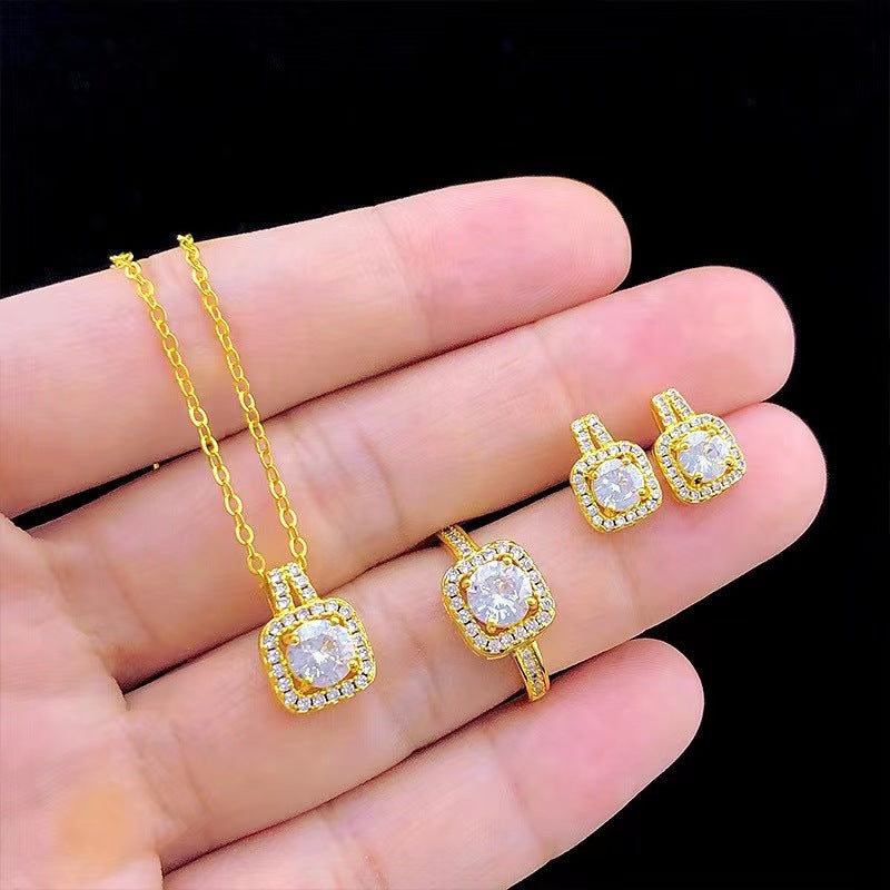 Set Zircon Gem Pendant Chain Choker Necklace For Women Gold Color Stud Earring Statement Wedding Ring