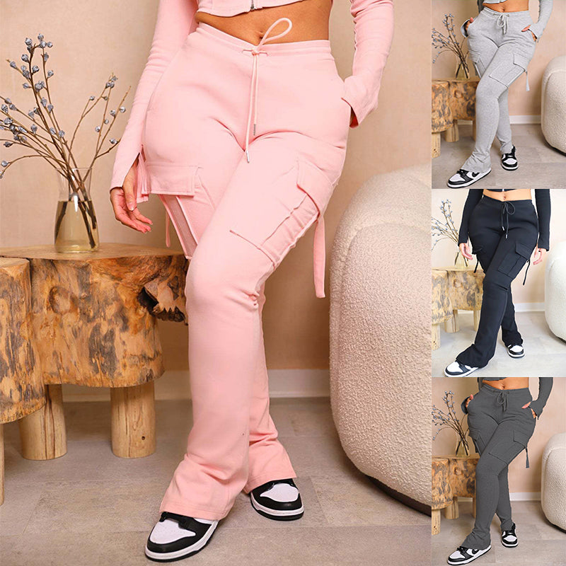 Cargo Pants With High Waist Pockets Drawstring Wide Leg For Women