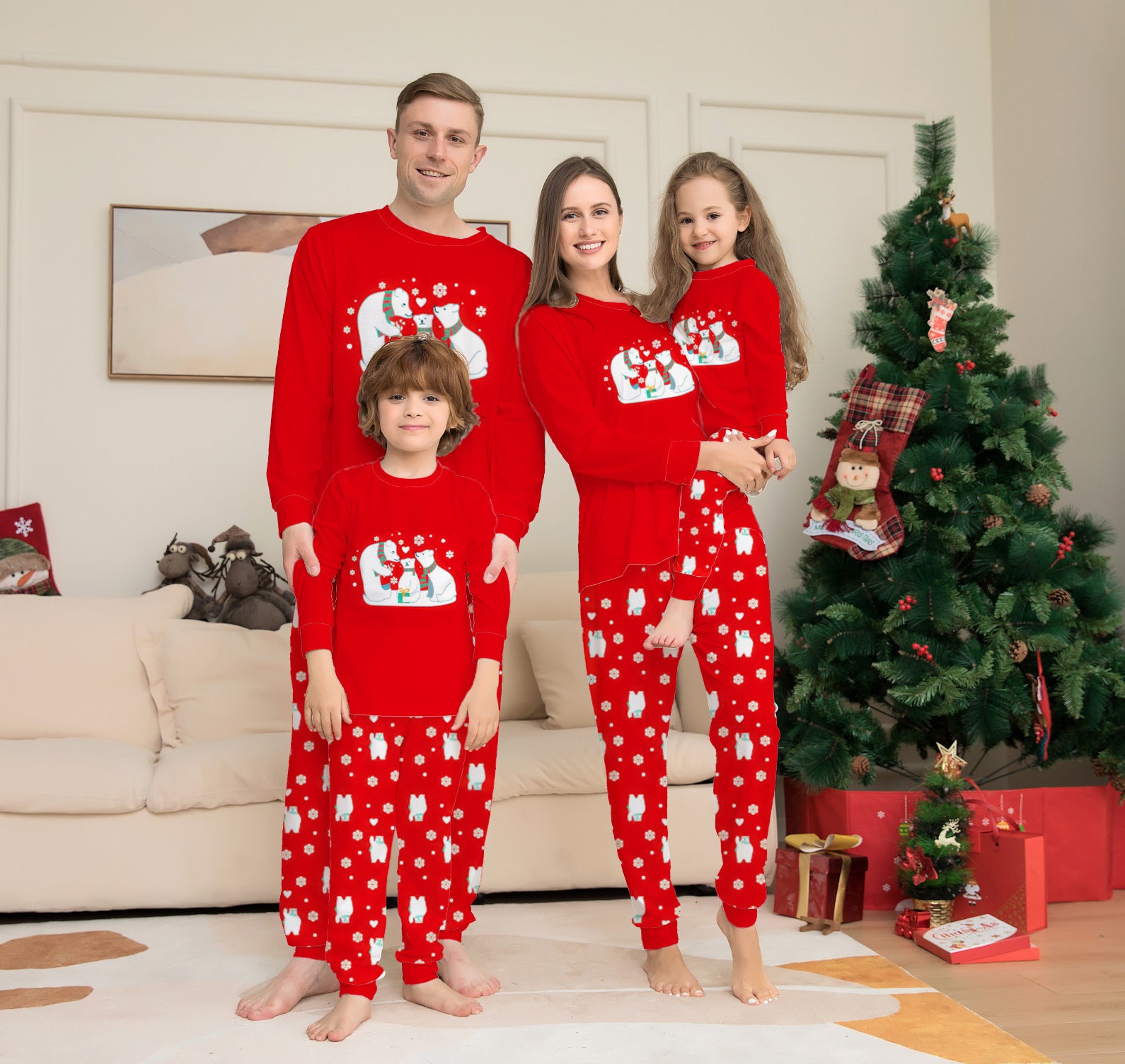 Matching Christmas pajama sets for the whole family, perfect for a cozy night in during the holiday