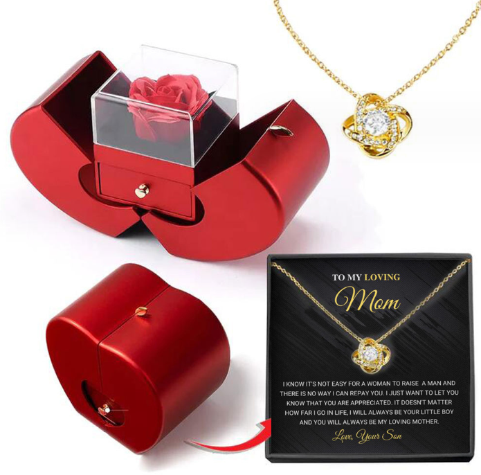 Red Apple Necklace - Perfect for Mother's Day and Valentine's Day, with artificial rose in jewelry box.