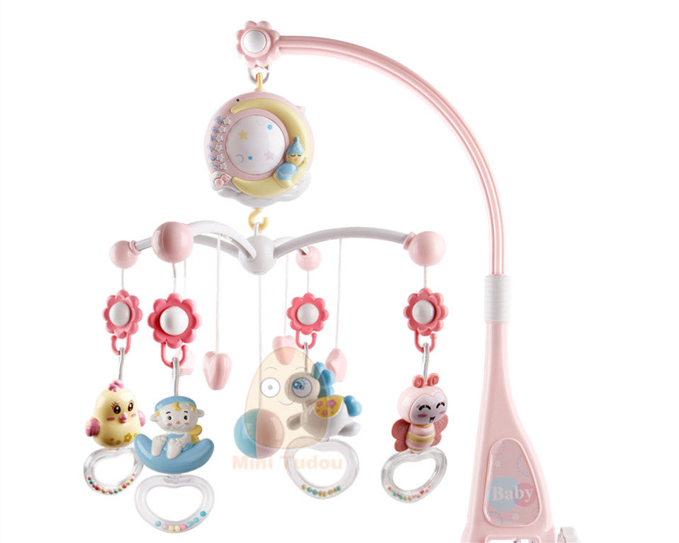 Infant crib mobile with rotating musical box, projection and toy holder for baby boys