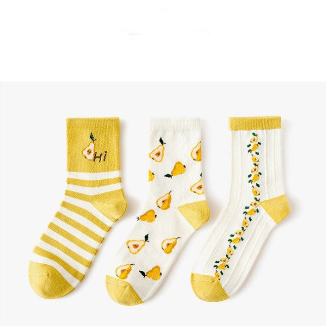 Three Pairs Of Women's Cartoon Food Printed Cotton Socks