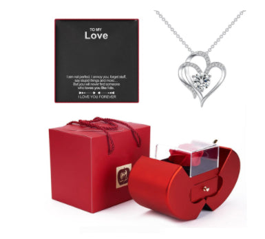 Red Apple Necklace - Perfect for Mother's Day and Valentine's Day, with artificial rose in jewelry box.