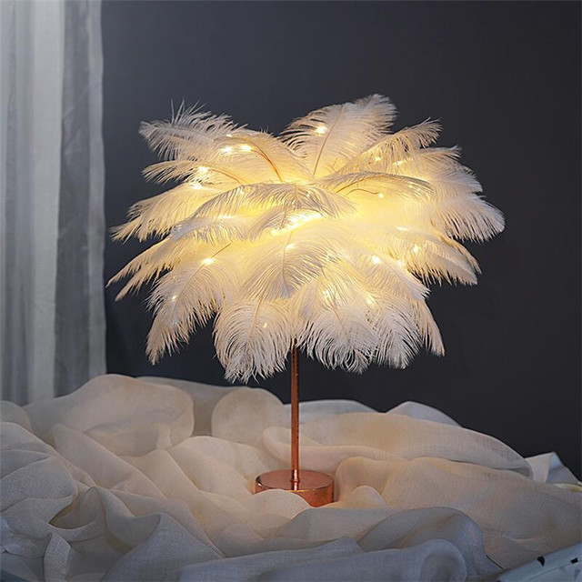 Nordic Ostrich Feather Desk Lamp - European Style Bedside Table Night Light Perfect for Girls' Room Decor