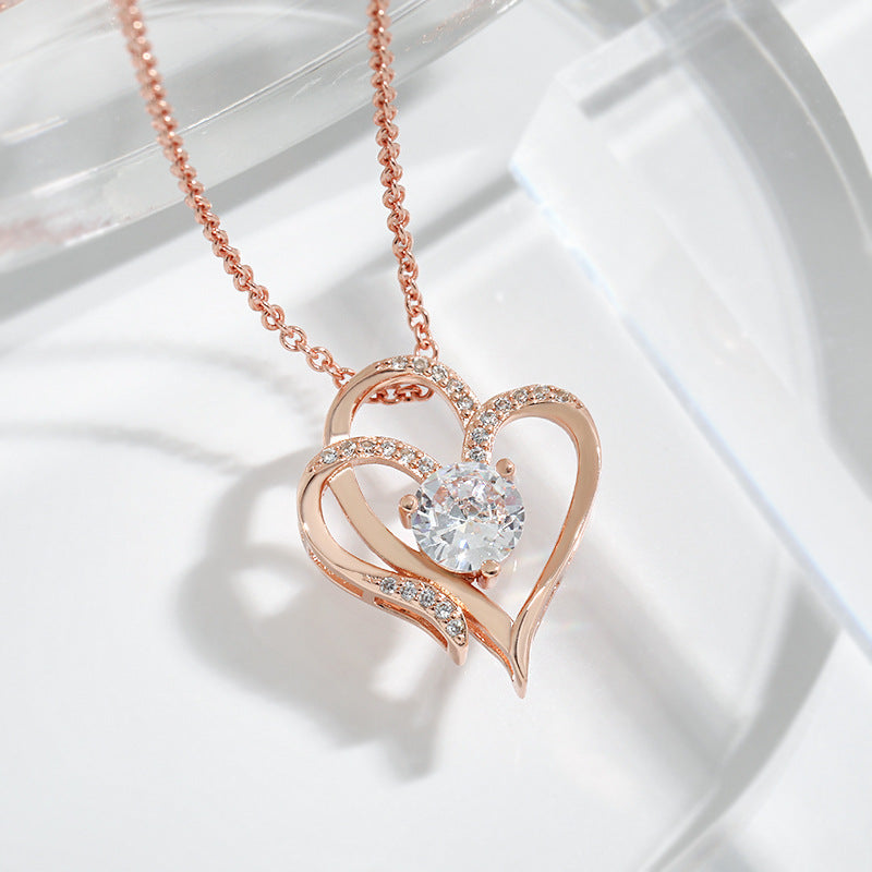 Zircon Double Love Necklace With Rhinestones - Heart-shaped Clavicle Chain Jewelry for Women