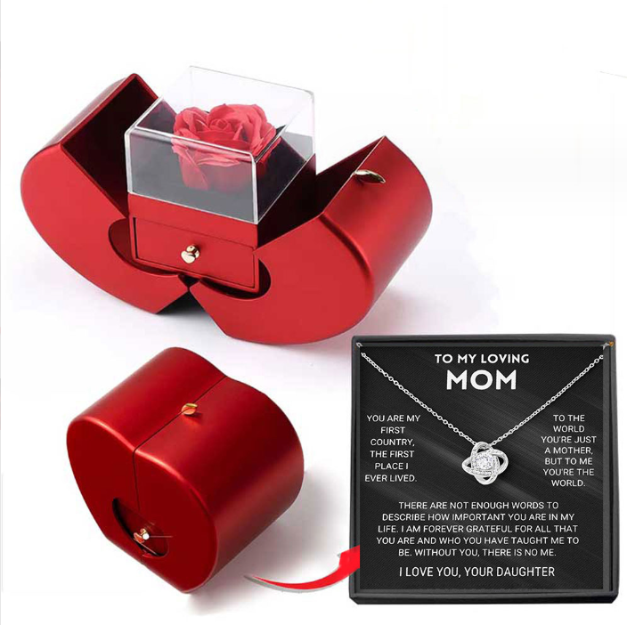 Red Apple Necklace - Perfect for Mother's Day and Valentine's Day, with artificial rose in jewelry box.