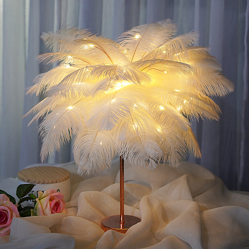 Nordic Ostrich Feather Desk Lamp - European Style Bedside Table Night Light Perfect for Girls' Room Decor