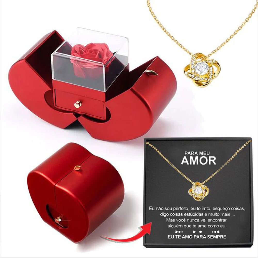 Red Apple Necklace - Perfect for Mother's Day and Valentine's Day, with artificial rose in jewelry box.