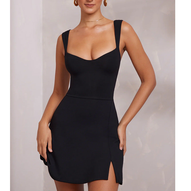 Vestido sexi con tirantes y espalda descubierta para mujer, Vestido corto envolvente a la cadera con tirantes finos de Color liso para fiesta y club nocturno