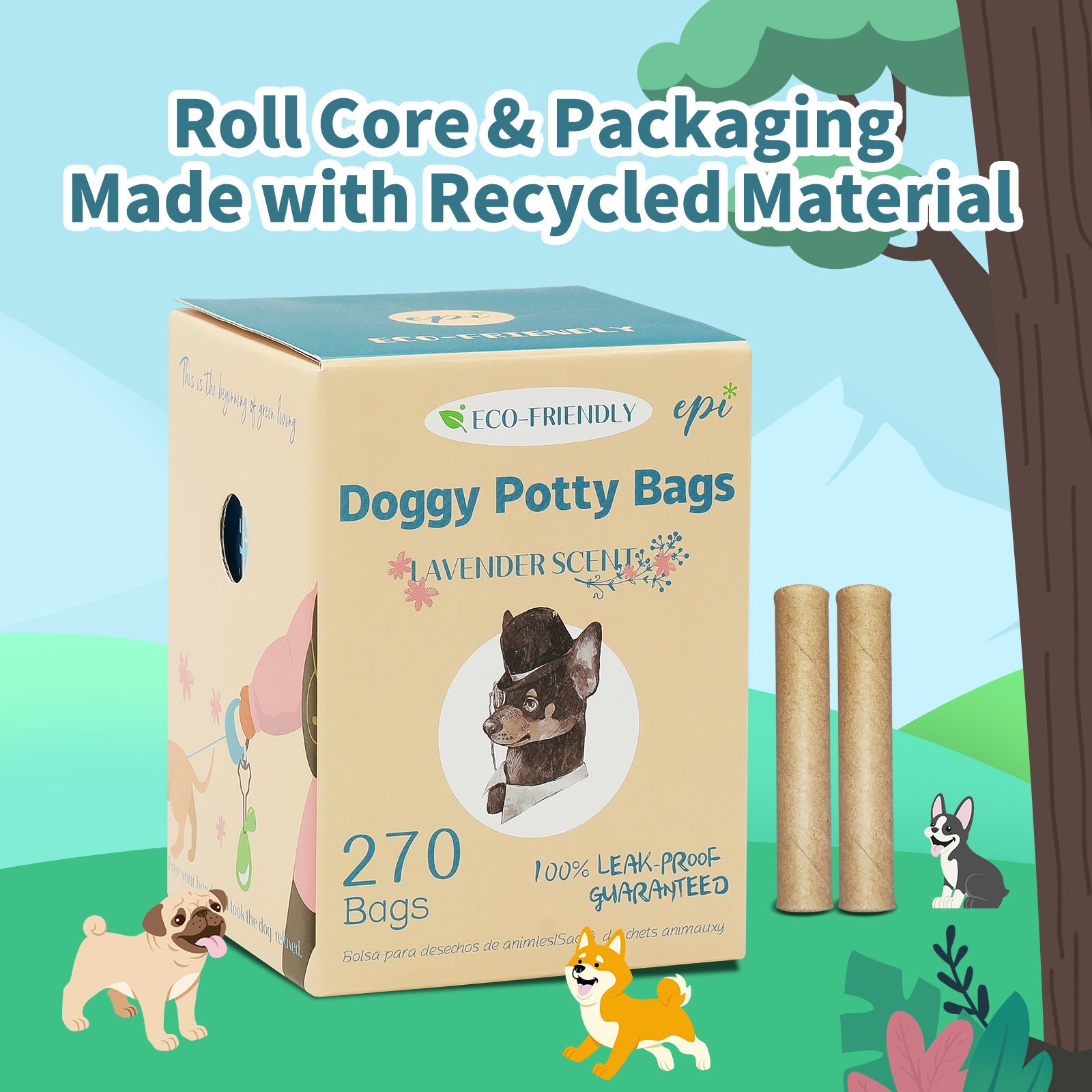 Environmentally friendly biodegradable poop bags made from sustainable materials that decompose naturally