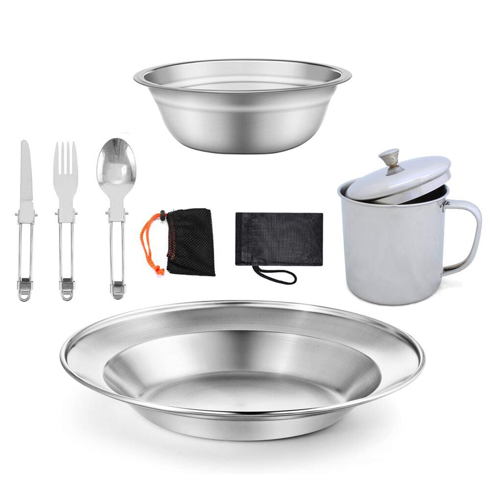 Outdoor Camping Single Stainless Steel Tableware Water Cup Cookware Set