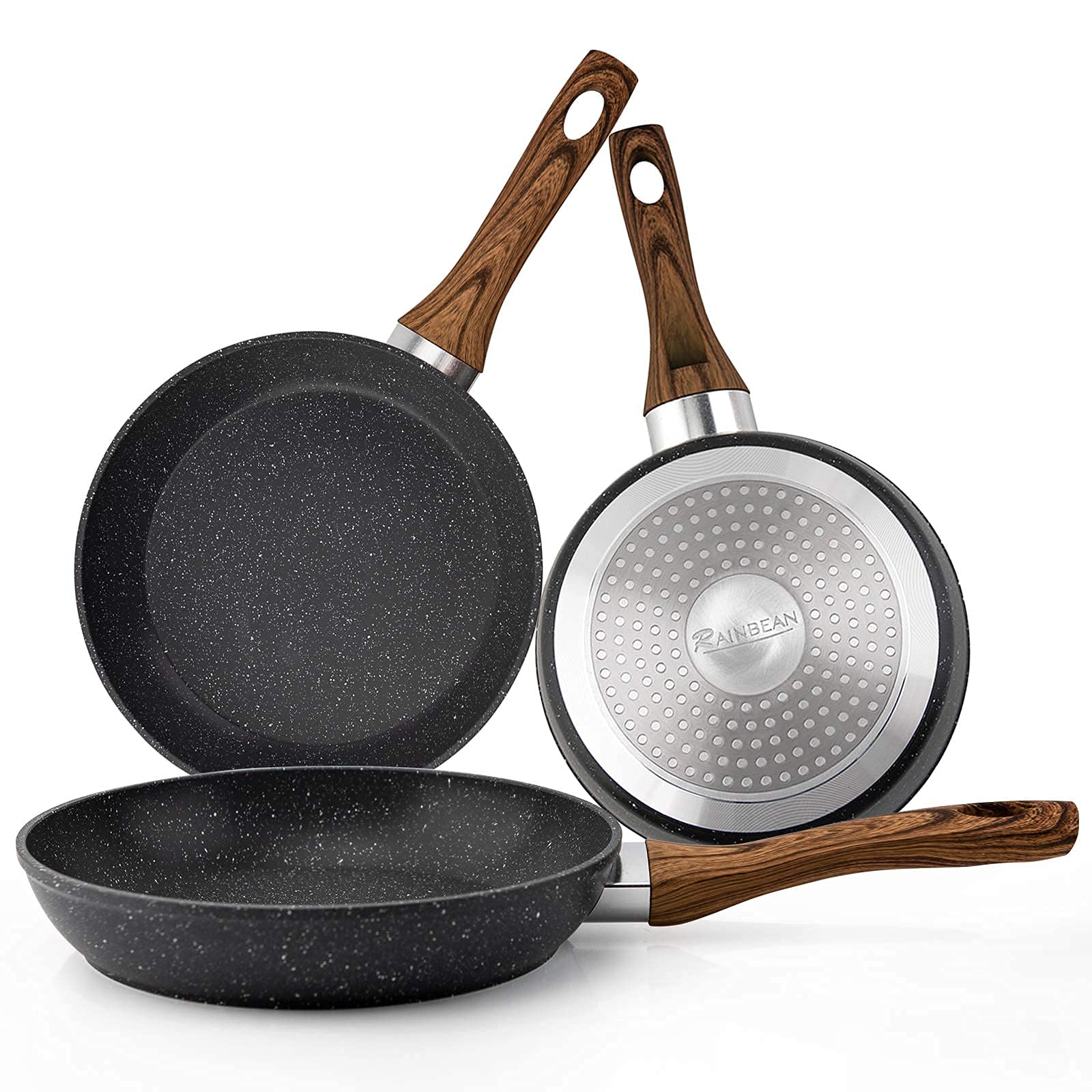 3-Piece Nonstick Pan Set with Saucepan and Woks Heat-Resistant Wood Effect Handles PFOA free