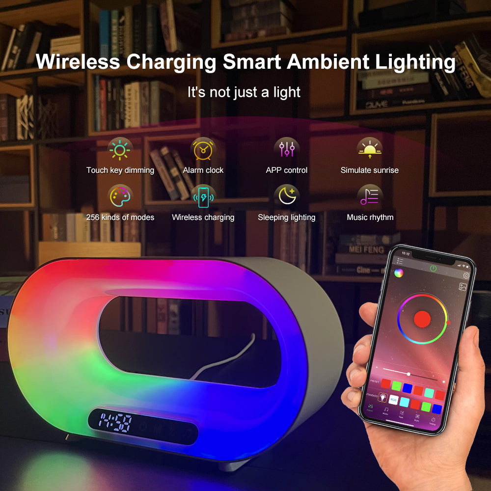 3-in-1 LED Night Light: APP Control, RGB Desk Lamp, Wireless Charger, Alarm Clock