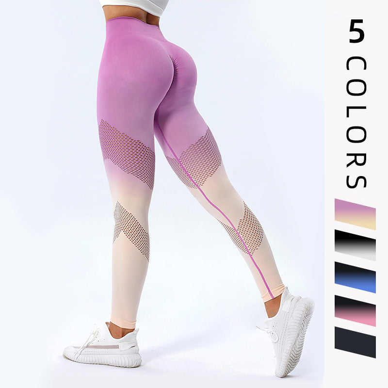 Nuevo diseño hueco, pantalones de Yoga con estampado degradado, mallas deportivas sin costuras de cintura alta para levantamiento de cadera para mujer, pantalones de secado rápido