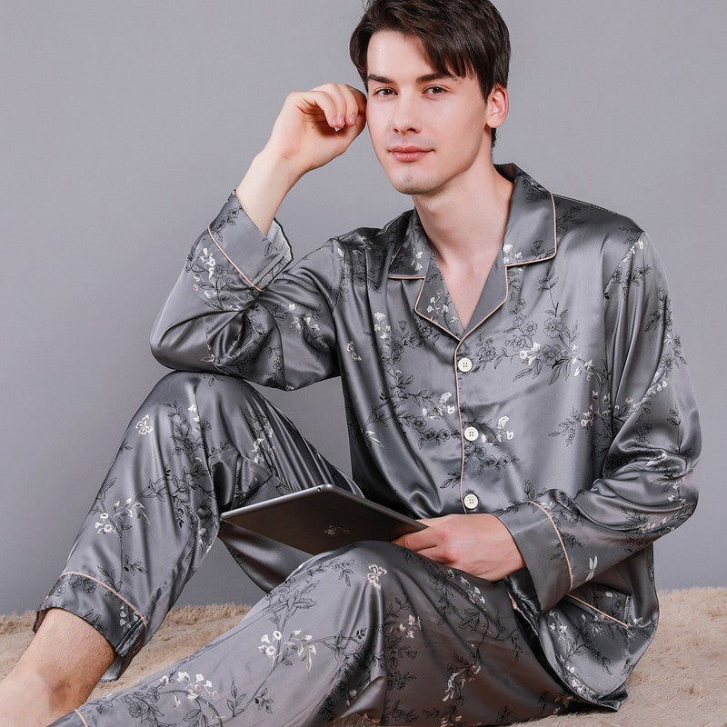 Men's Silk Pajama Set - Long Sleeve Spring Print Cardigan, perfect for Spring and Autumn leisure at home.