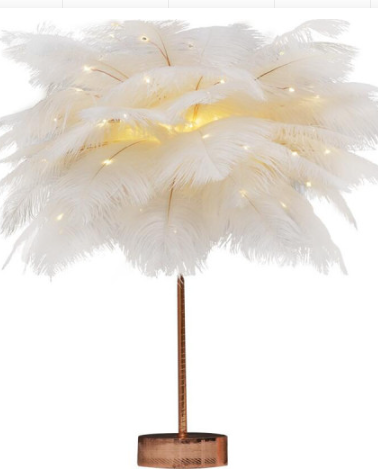 Nordic Ostrich Feather Desk Lamp - European Style Bedside Table Night Light Perfect for Girls' Room Decor