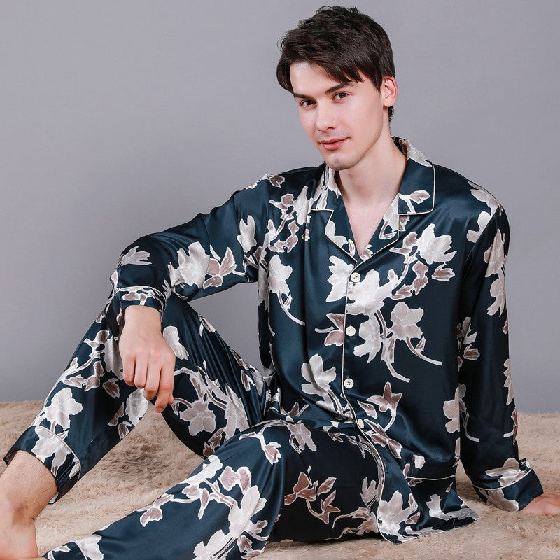 Men's Silk Pajama Set - Long Sleeve Spring Print Cardigan, perfect for Spring and Autumn leisure at home.