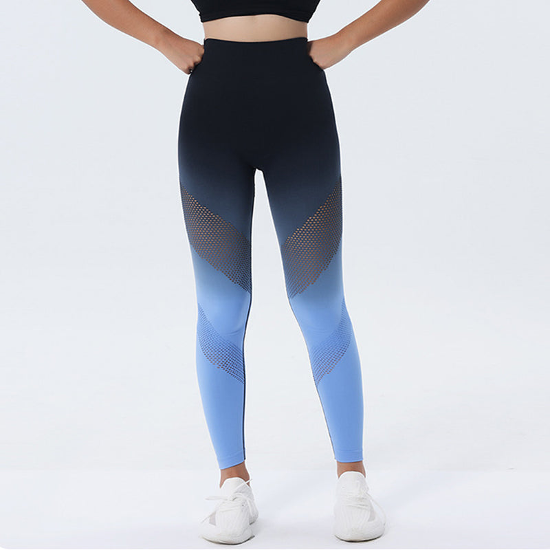 Nuevo diseño hueco, pantalones de Yoga con estampado degradado, mallas deportivas sin costuras de cintura alta para levantamiento de cadera para mujer, pantalones de secado rápido