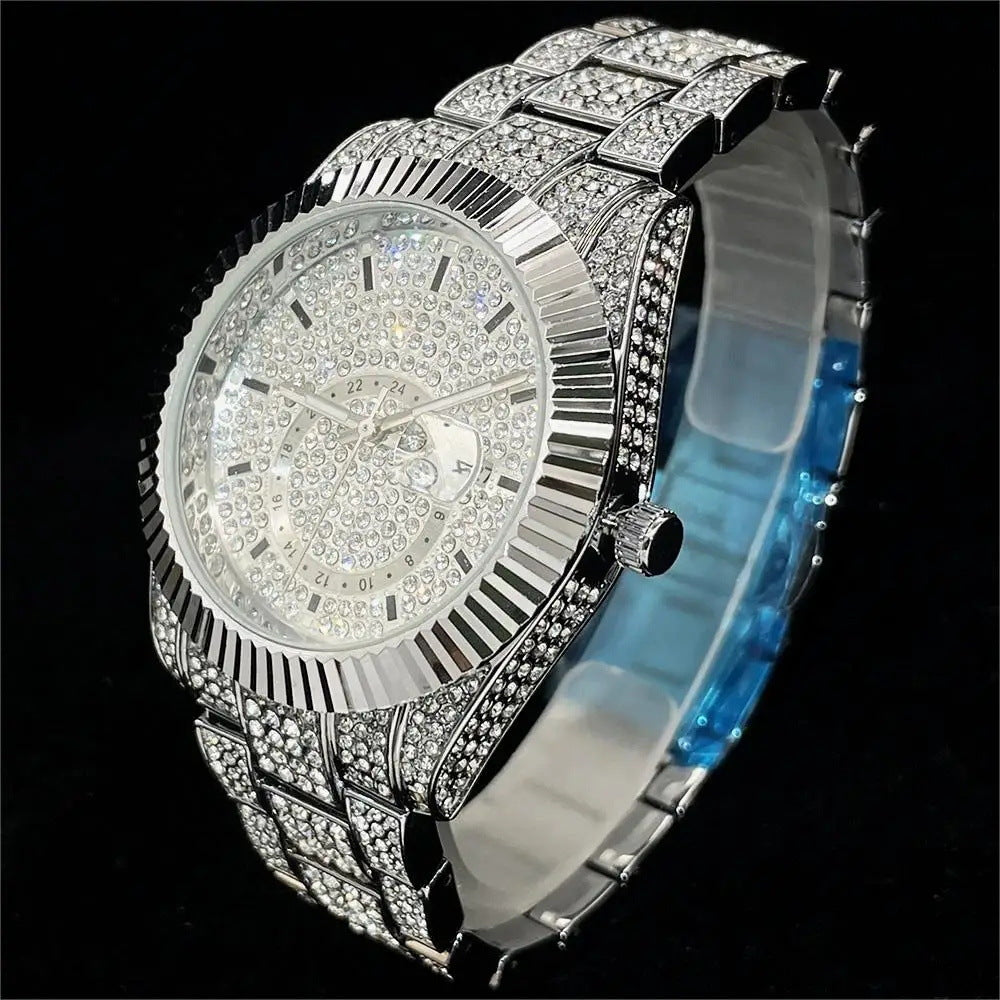 Silver Full Diamond Night Glow Waterproof Men's Watch