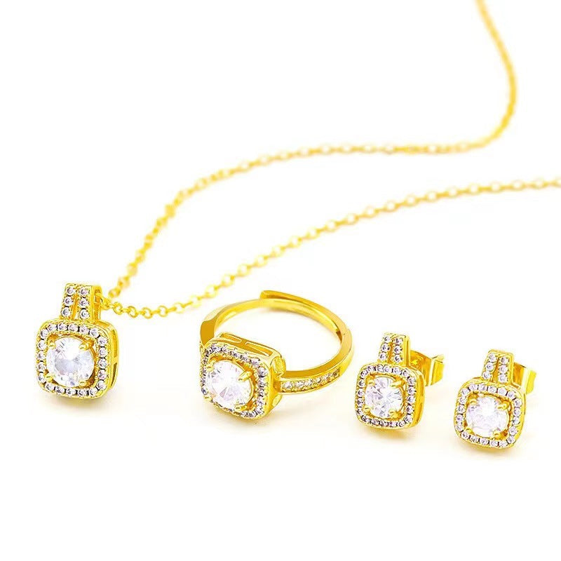 Set Zircon Gem Pendant Chain Choker Necklace For Women Gold Color Stud Earring Statement Wedding Ring