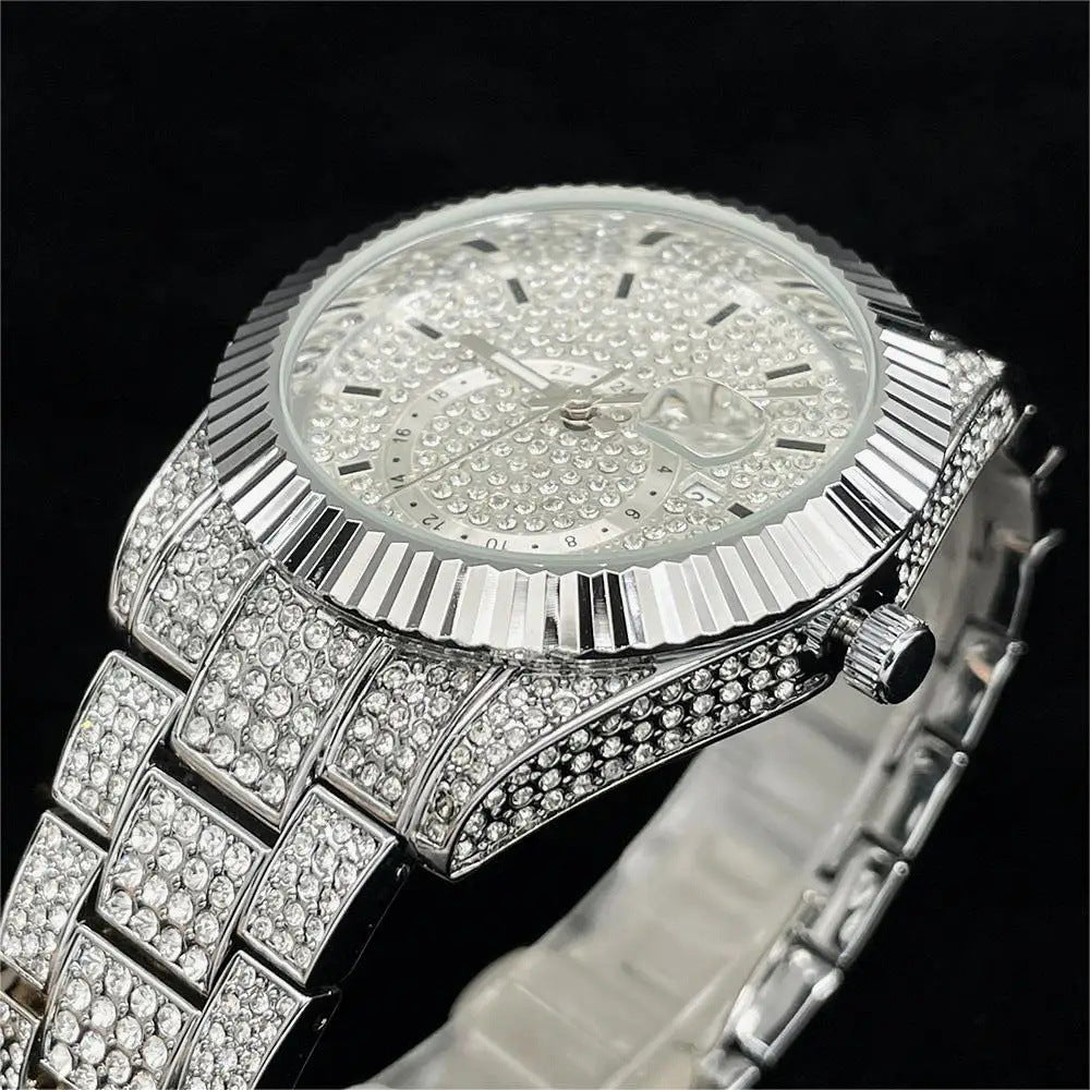 Silver Full Diamond Night Glow Waterproof Men's Watch