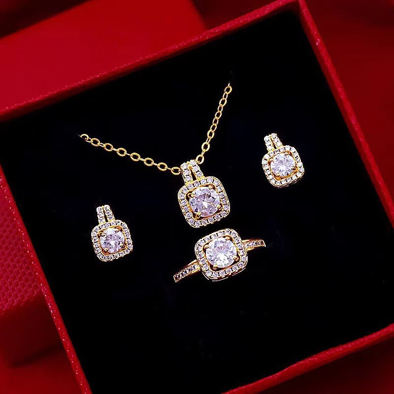 Set Zircon Gem Pendant Chain Choker Necklace For Women Gold Color Stud Earring Statement Wedding Ring