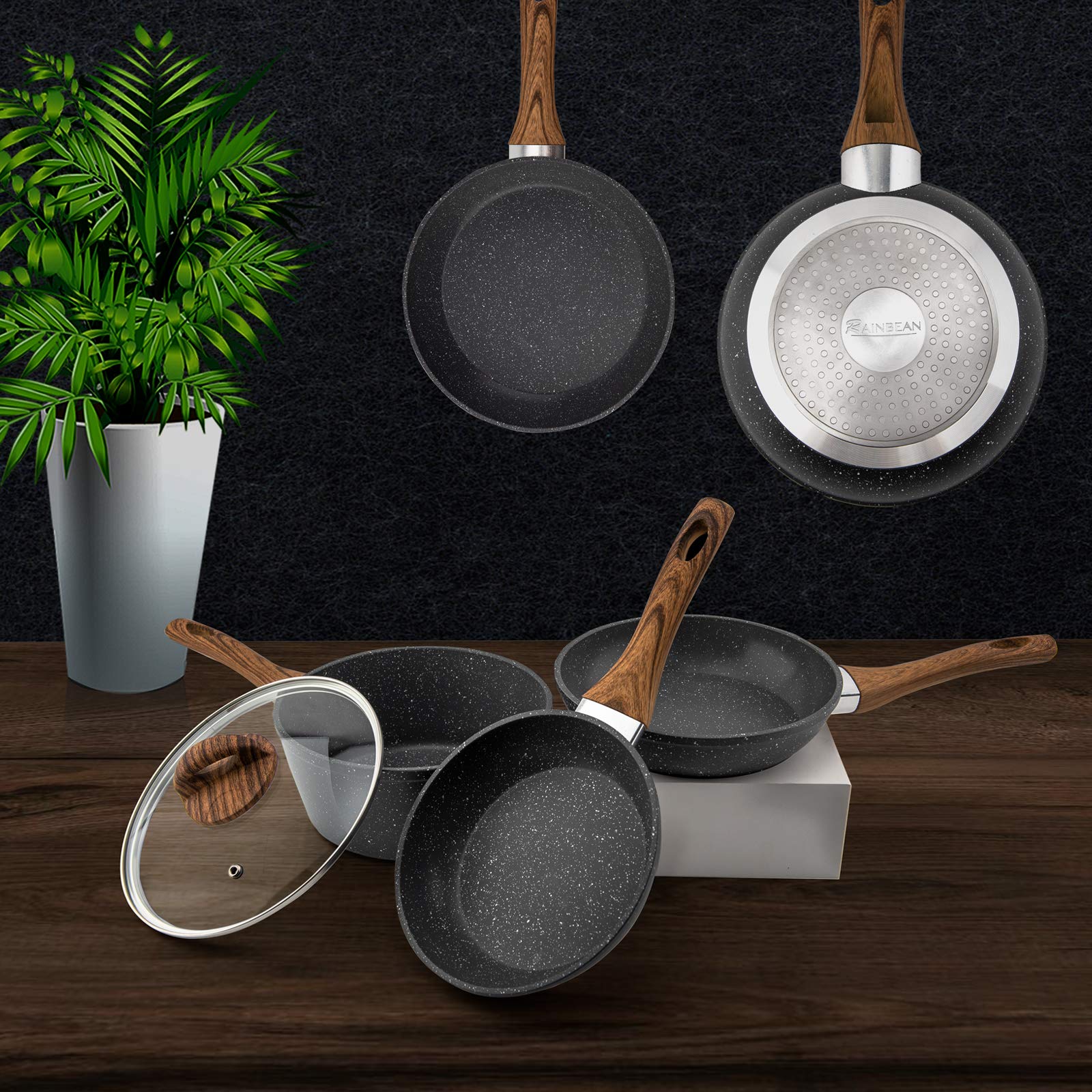 3-Piece Nonstick Pan Set with Saucepan and Woks Heat-Resistant Wood Effect Handles PFOA free