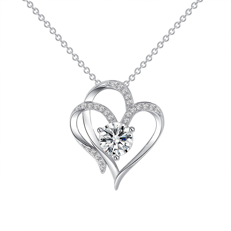 Zircon Double Love Necklace With Rhinestones - Heart-shaped Clavicle Chain Jewelry for Women