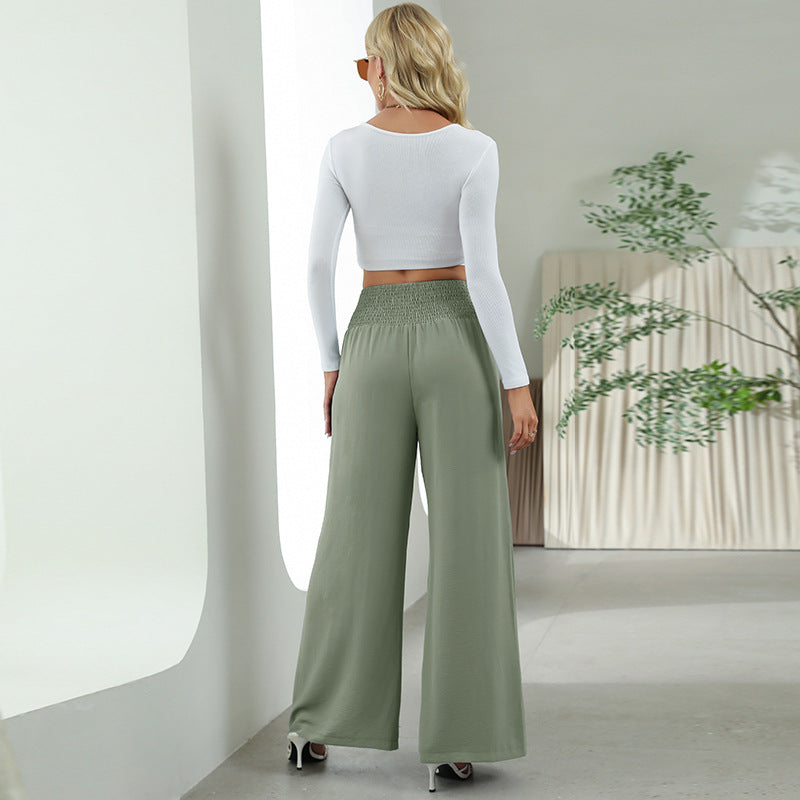 Pantalones rectos de pierna ancha a la moda, pantalones casuales elásticos de cintura alta para mujer