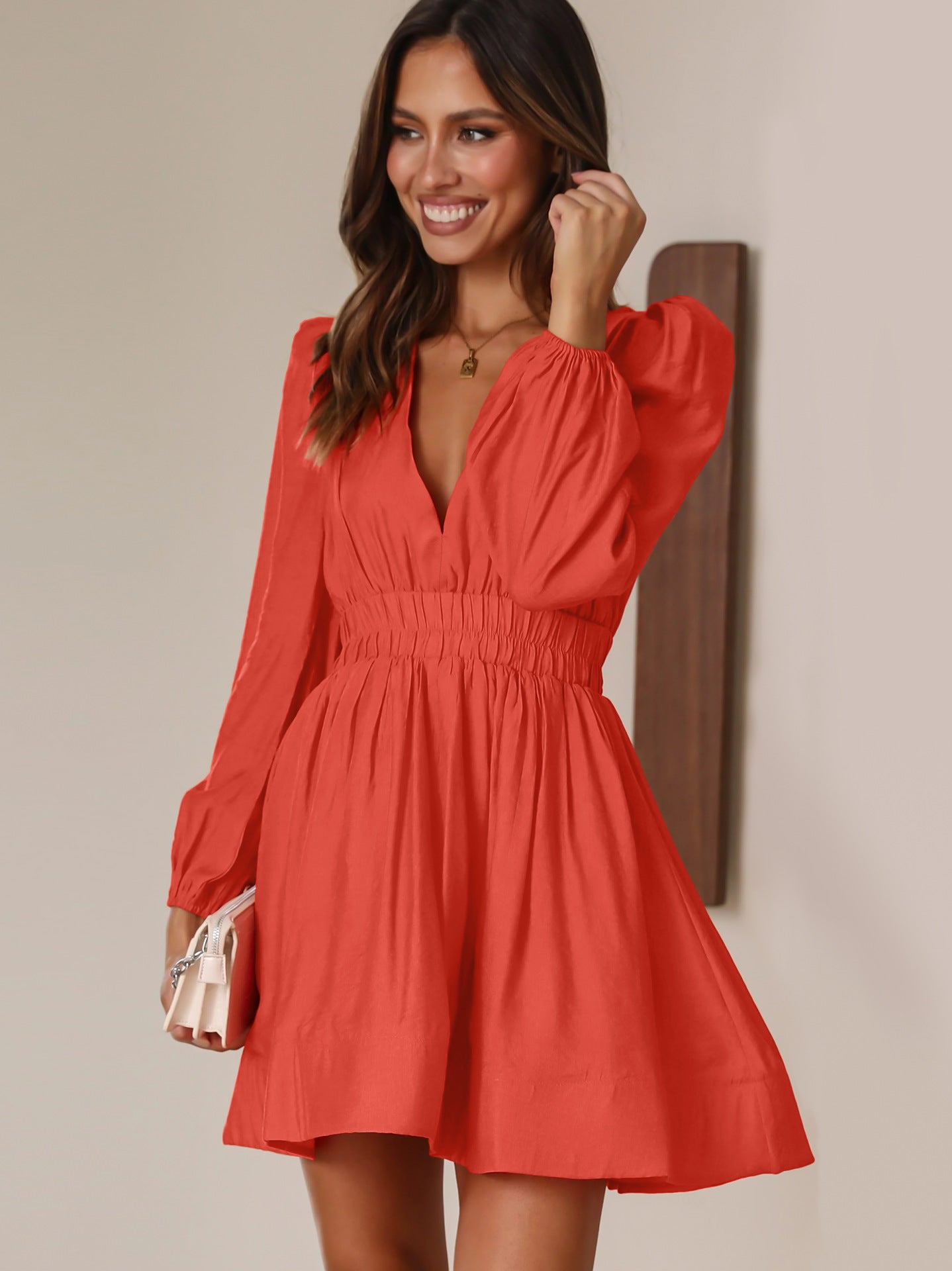 Women's V-neck Dress with Elastic Waist Pleated Ruffle French Skirt Long Sleeves - Short Dress