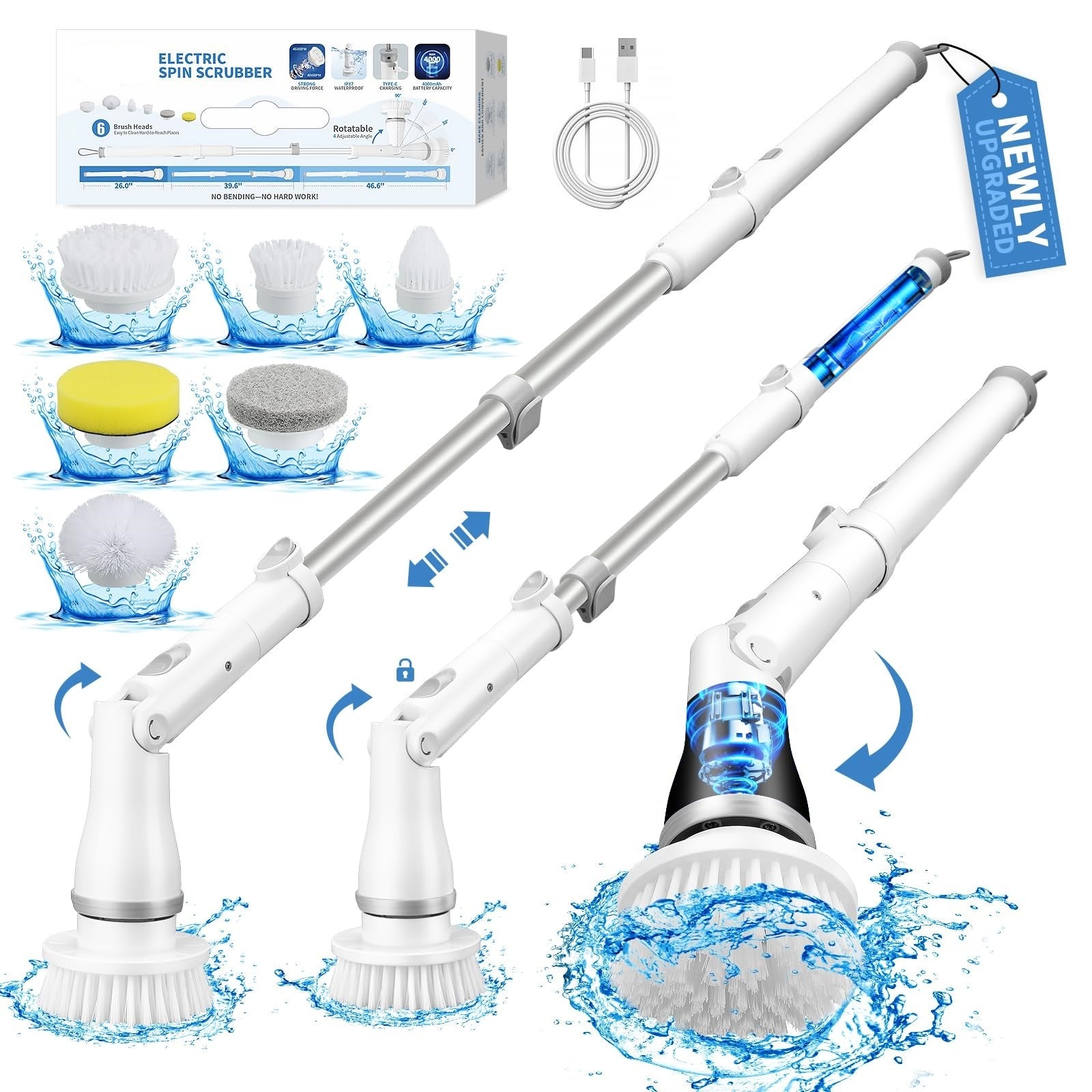 Electric Spin Scrubber 2 Speeds 5 Replacement Heads Suitable Cleaning Bathrooms Long Handle Kitchen Home Care Must-Have Electric Spin Mop