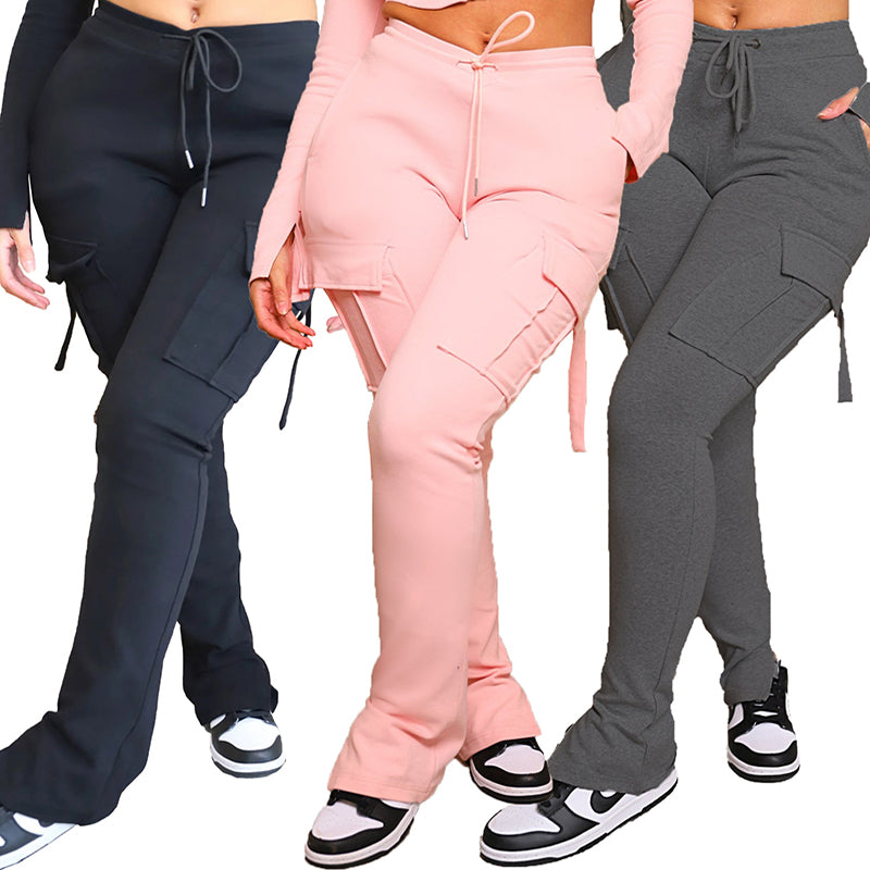 Cargo Pants With High Waist Pockets Drawstring Wide Leg For Women