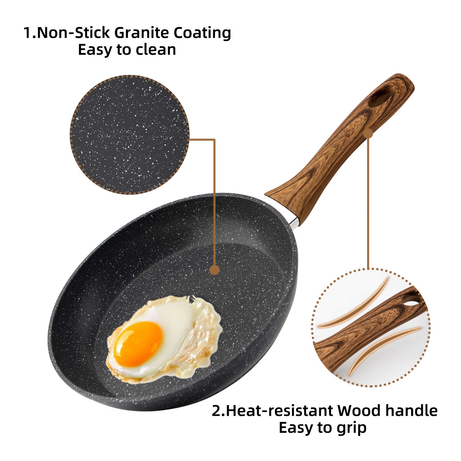 3-Piece Nonstick Pan Set with Saucepan and Woks Heat-Resistant Wood Effect Handles PFOA free