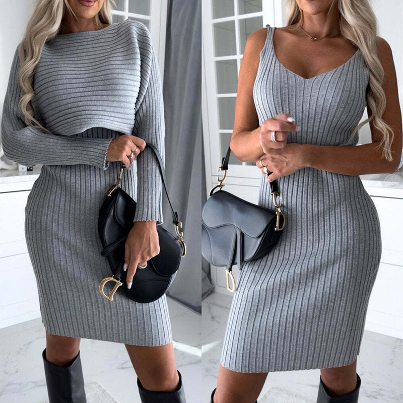 Women's Solid Stripe Suit - Long-Sleeve Top and Suspender Skirt Set for Autumn and Winter