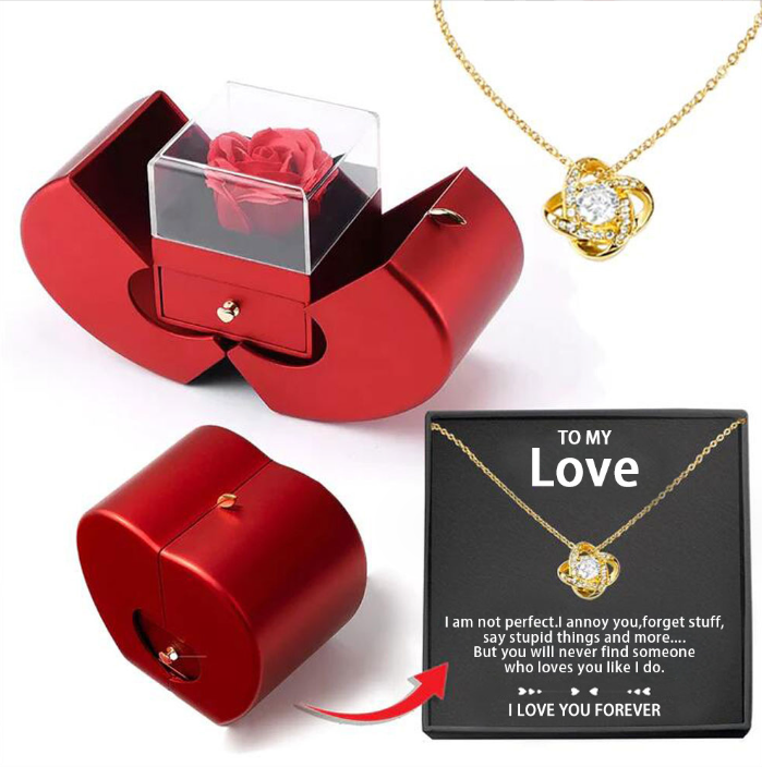 Red Apple Necklace - Perfect for Mother's Day and Valentine's Day, with artificial rose in jewelry box.