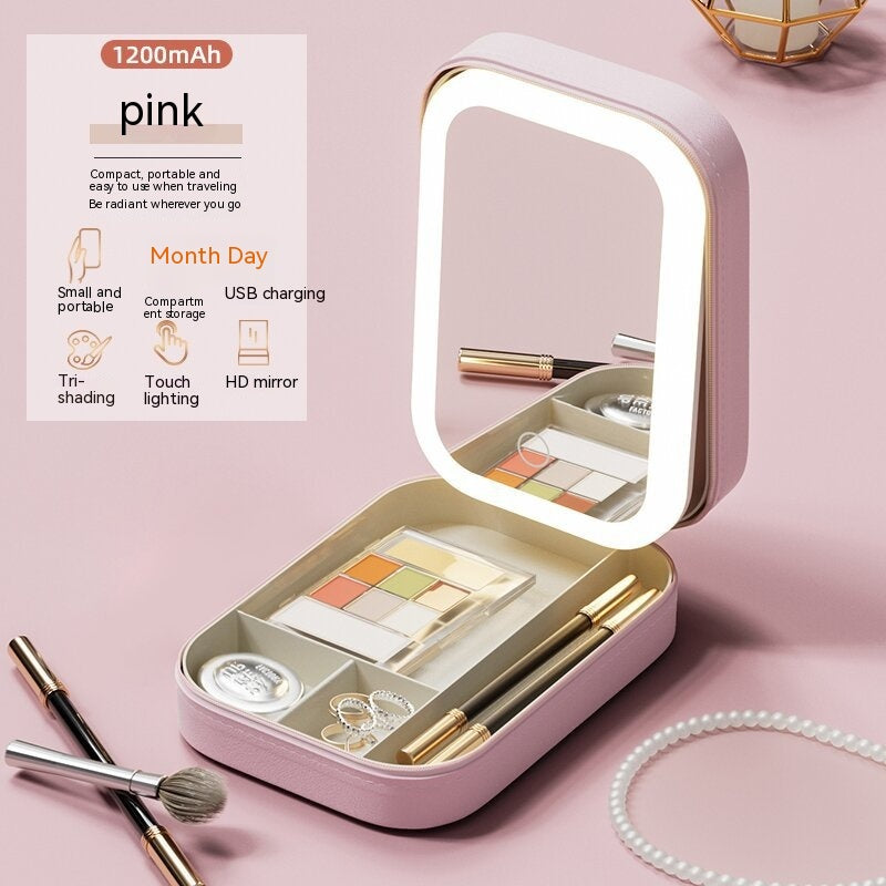 LED Light Mirror Makeup Storage Box - Portable Travel Organizer for Cosmetics