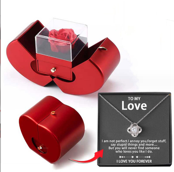 Red Apple Necklace - Perfect for Mother's Day and Valentine's Day, with artificial rose in jewelry box.