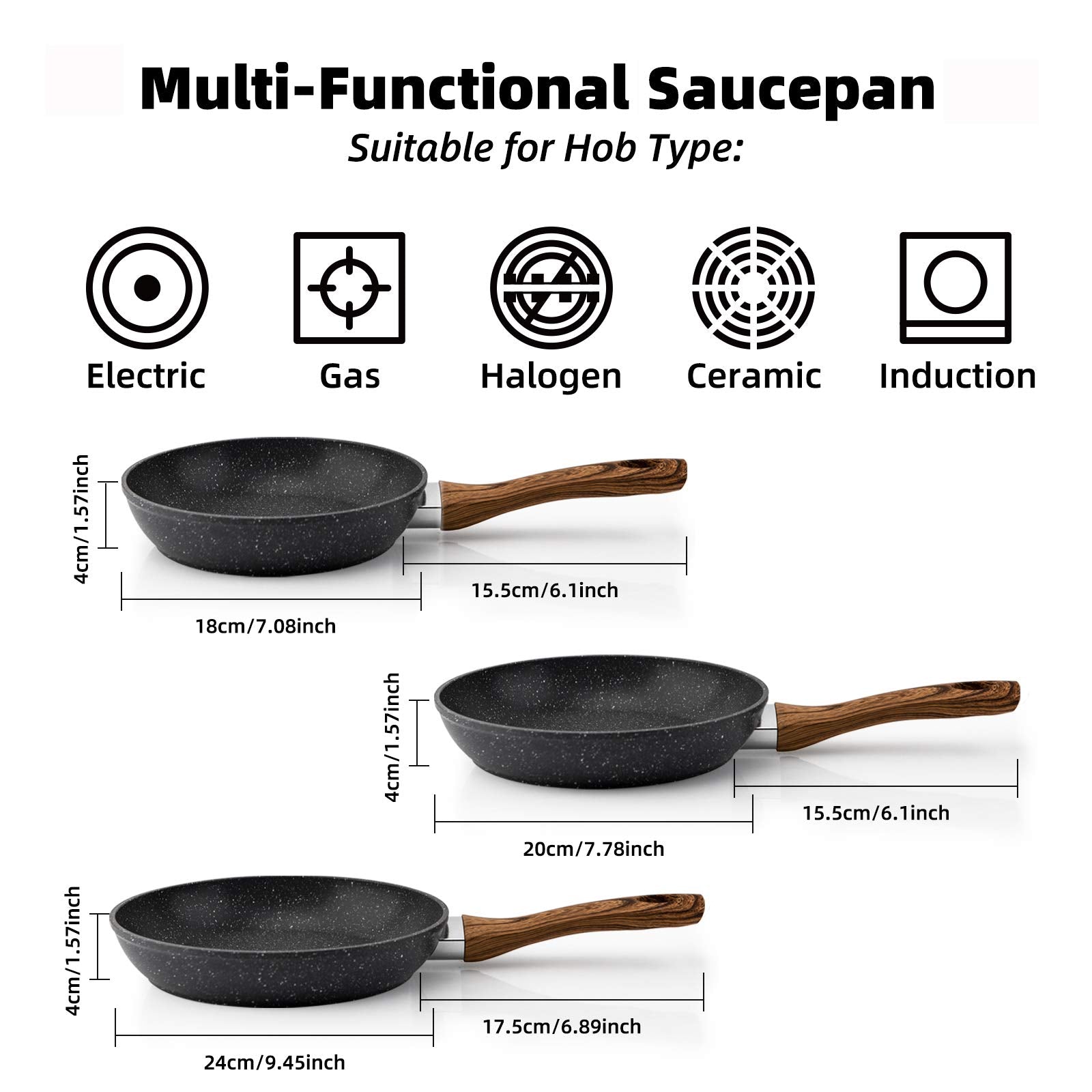 3-Piece Nonstick Pan Set with Saucepan and Woks Heat-Resistant Wood Effect Handles PFOA free