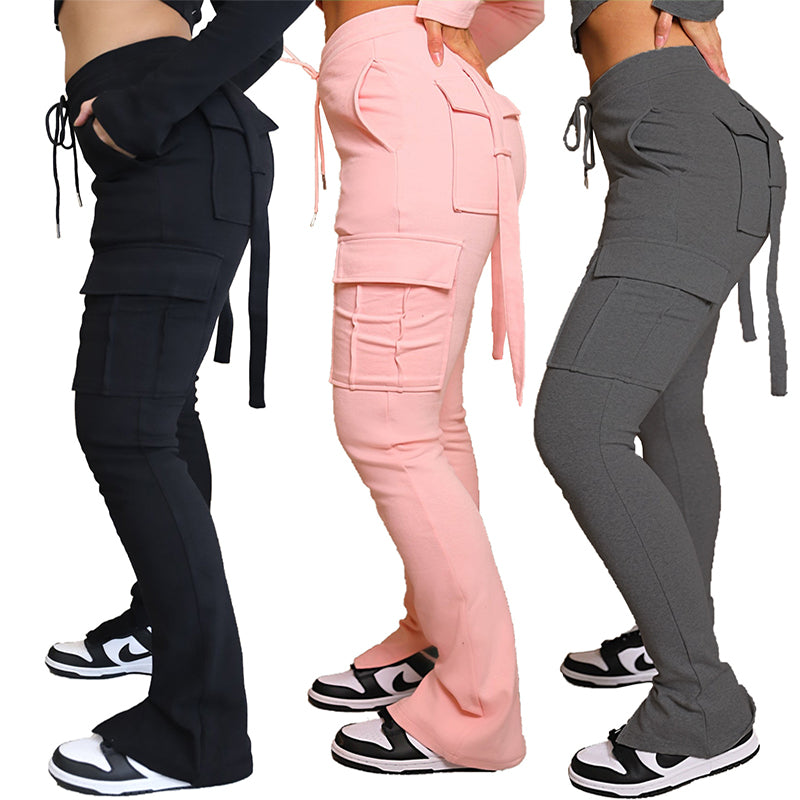 Cargo Pants With High Waist Pockets Drawstring Wide Leg For Women